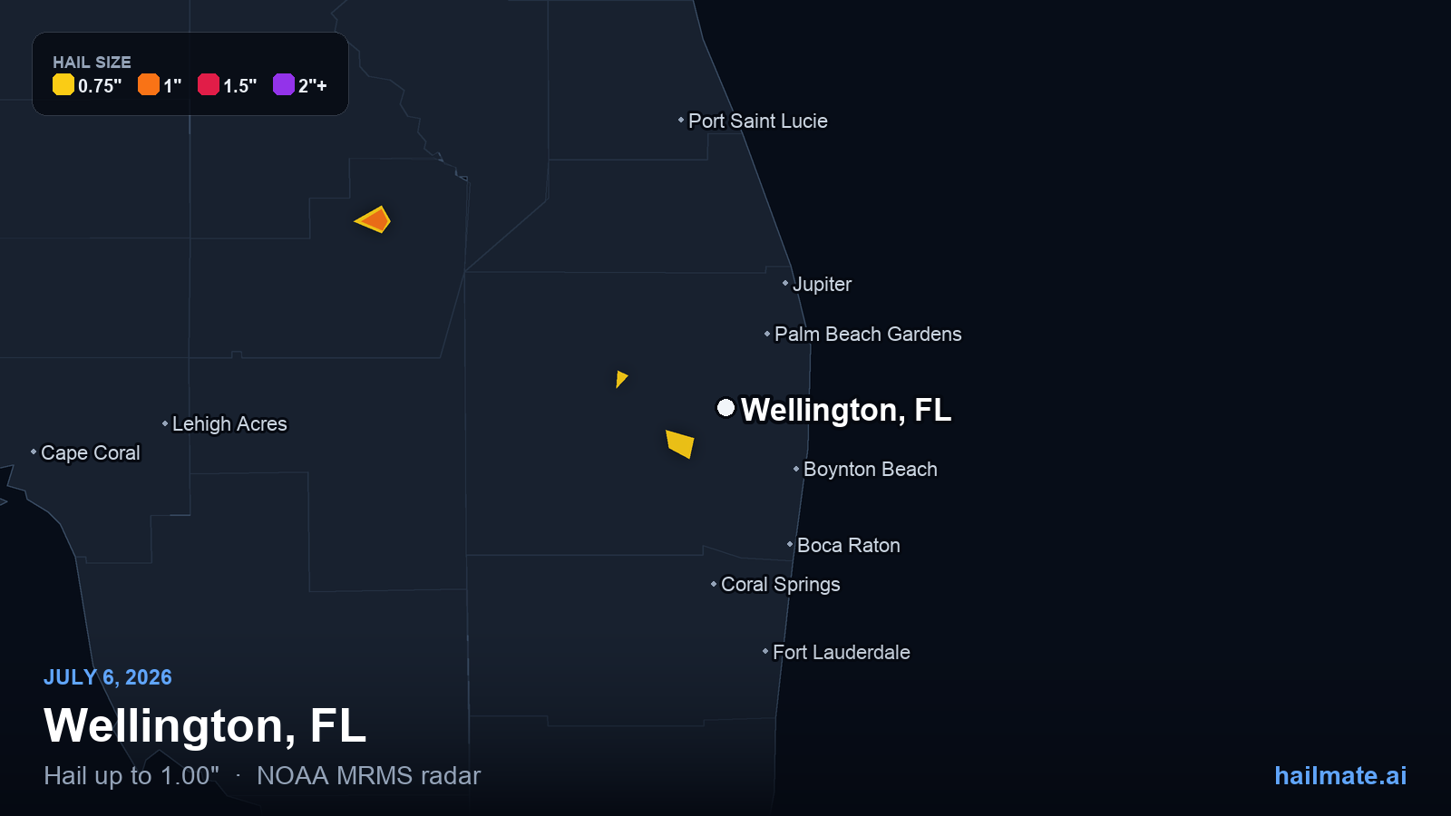Hail swath map for Wellington, FL on July 6, 2026 showing 1.00 inch hail.