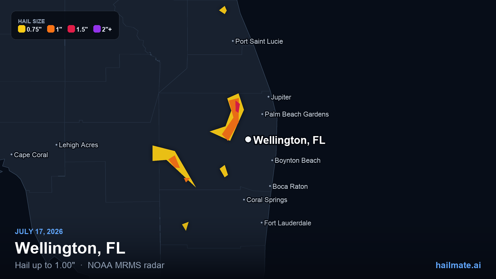Hail swath map for Wellington, FL on July 17, 2026 showing 1.00 inch hail.