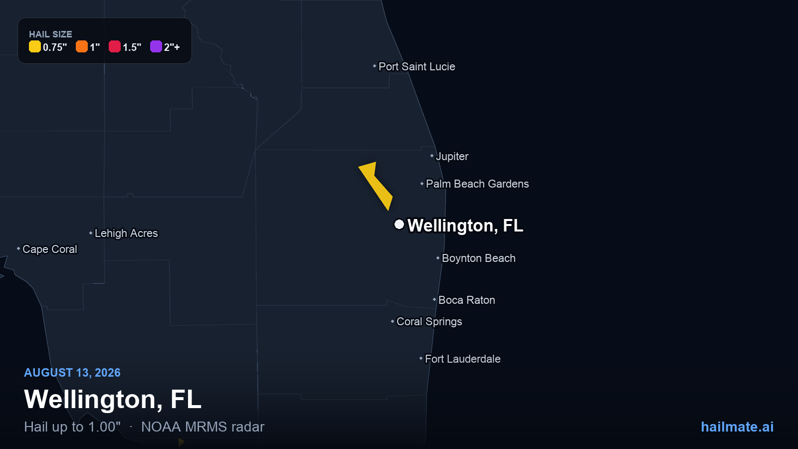Hail swath map for Wellington, FL on August 13, 2026 showing 1.00 inch hail.