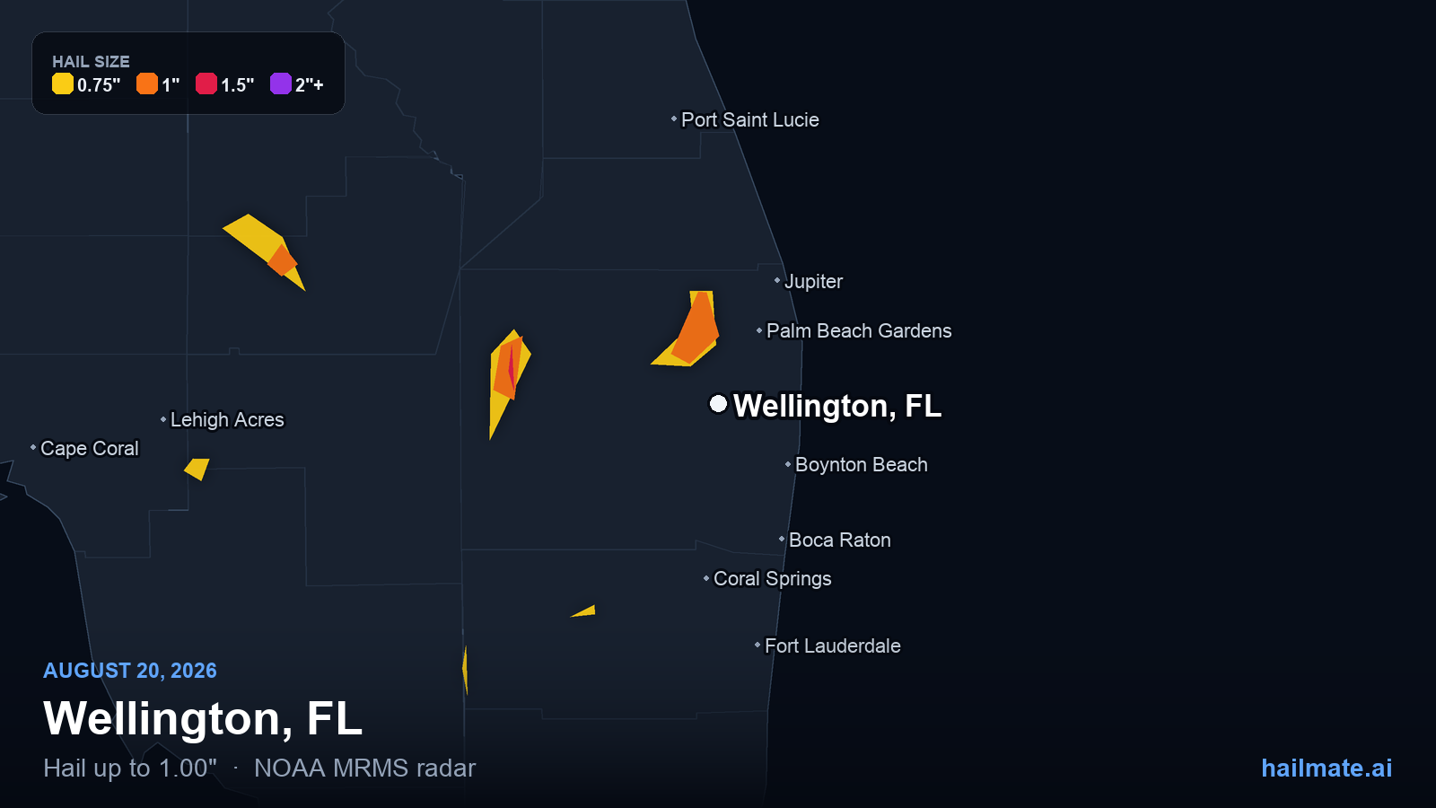 Hail swath map for Wellington, FL on August 20, 2026 showing 1.00 inch hail.
