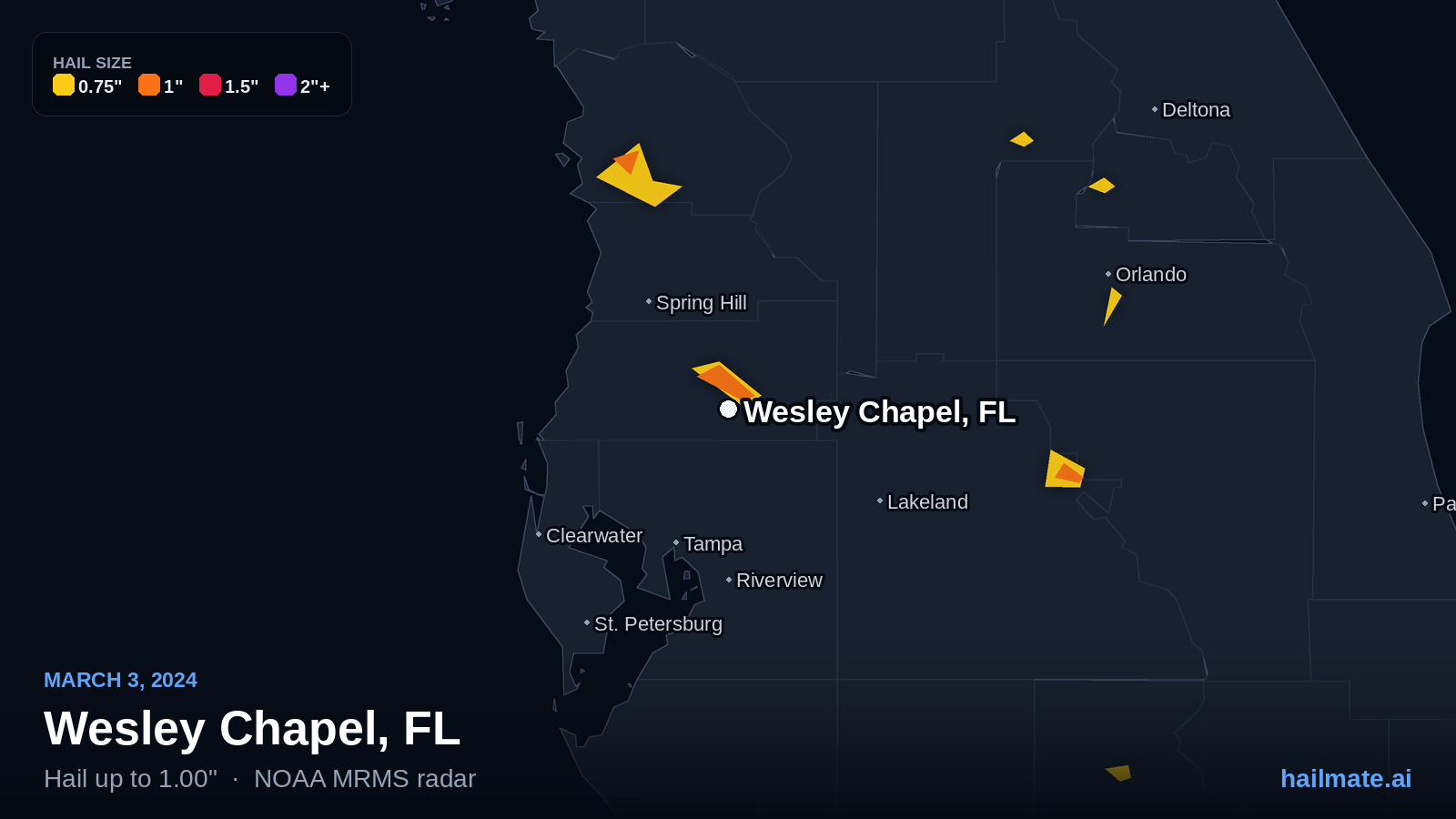Hail swath map for Wesley Chapel, FL on March 3, 2024 showing 1.00 inch hail.