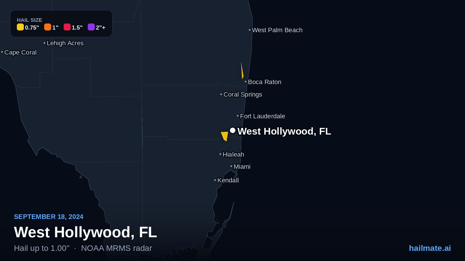 Hail swath map for West Hollywood, FL on September 18, 2024 showing 1.00 inch hail.