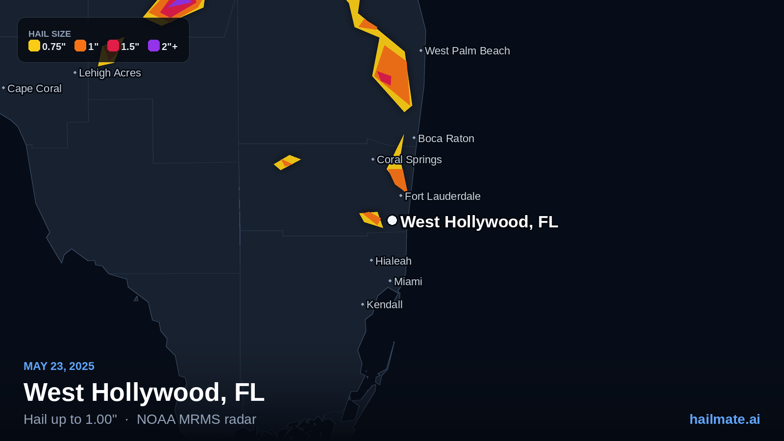 Hail swath map for West Hollywood, FL on May 23, 2025 showing 1.00 inch hail.