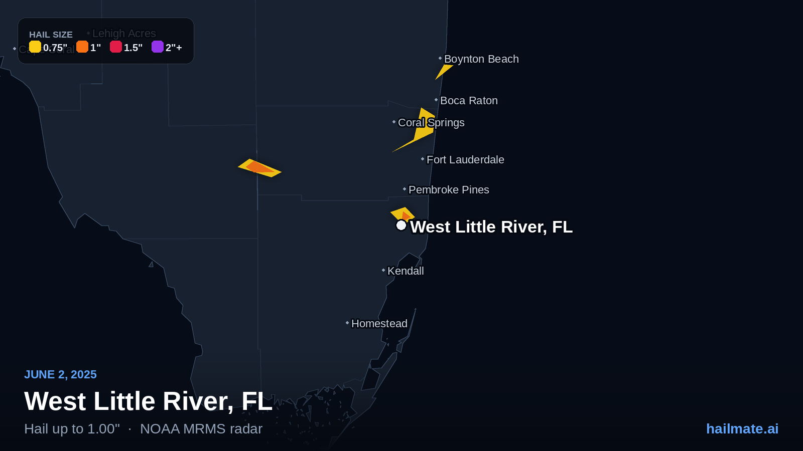 Hail swath map for West Little River, FL on June 2, 2025 showing 1.00 inch hail.