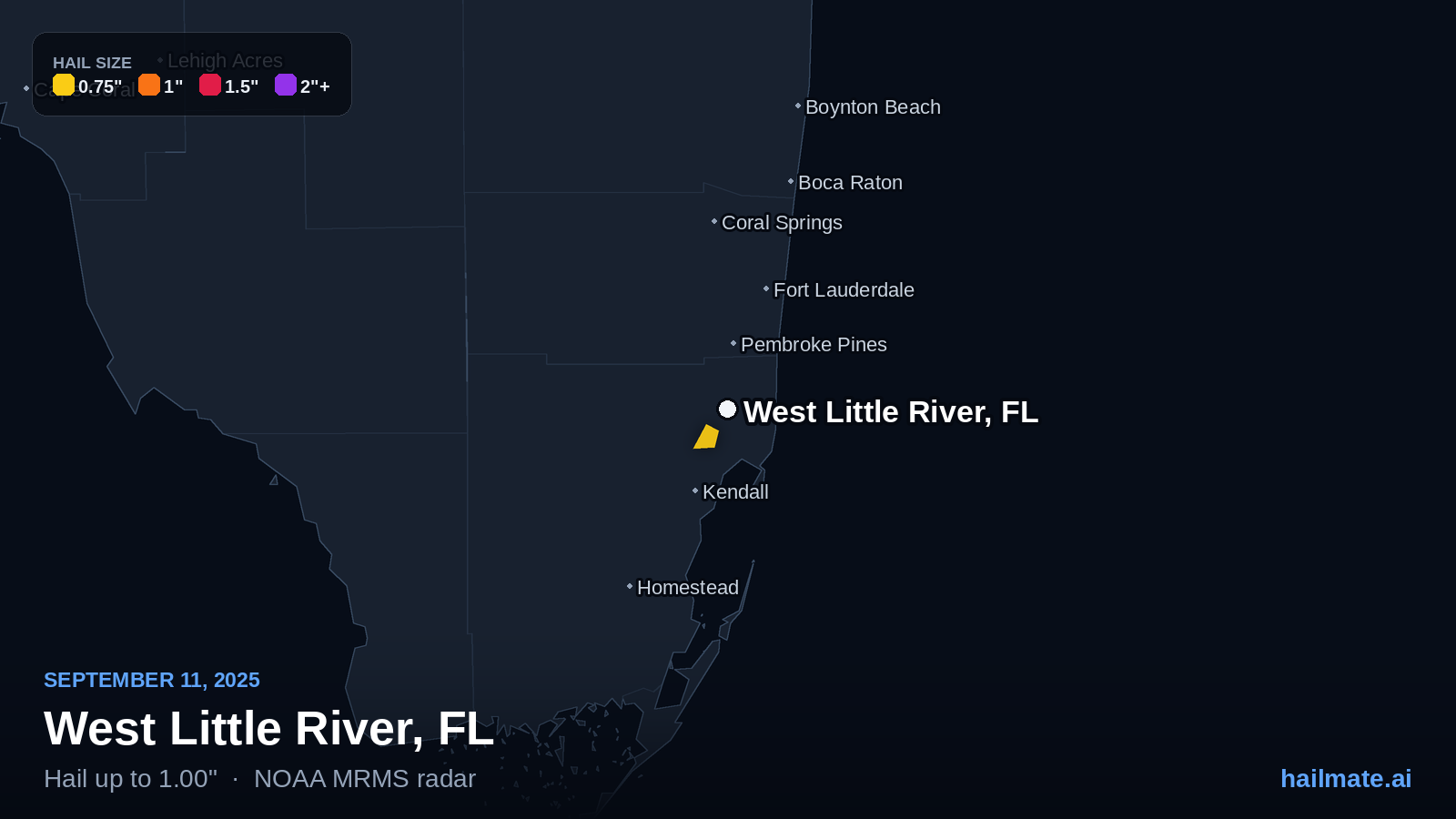Hail swath map for West Little River, FL on September 11, 2025 showing 1.00 inch hail.