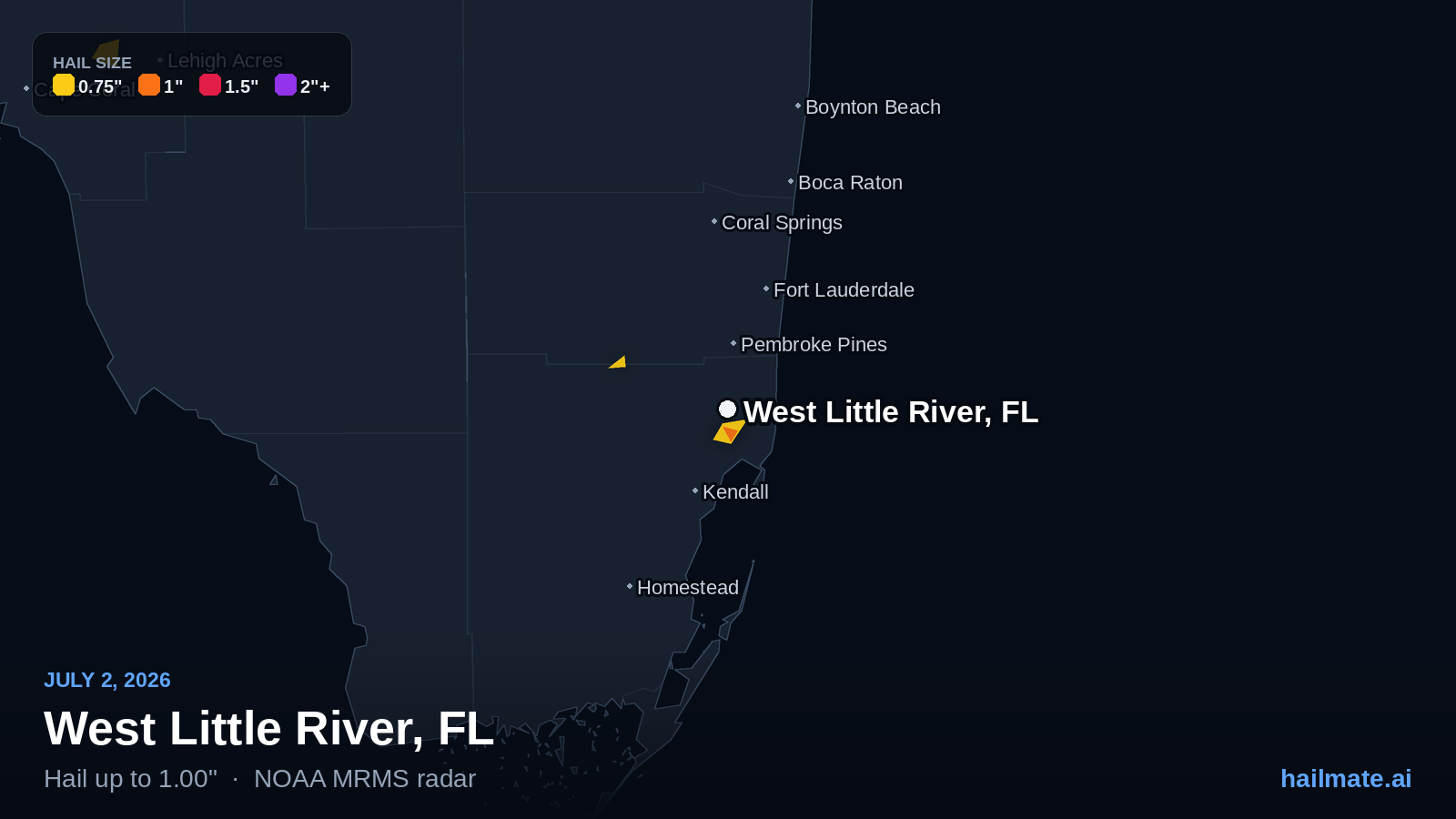 Hail swath map for West Little River, FL on July 2, 2026 showing 1.00 inch hail.