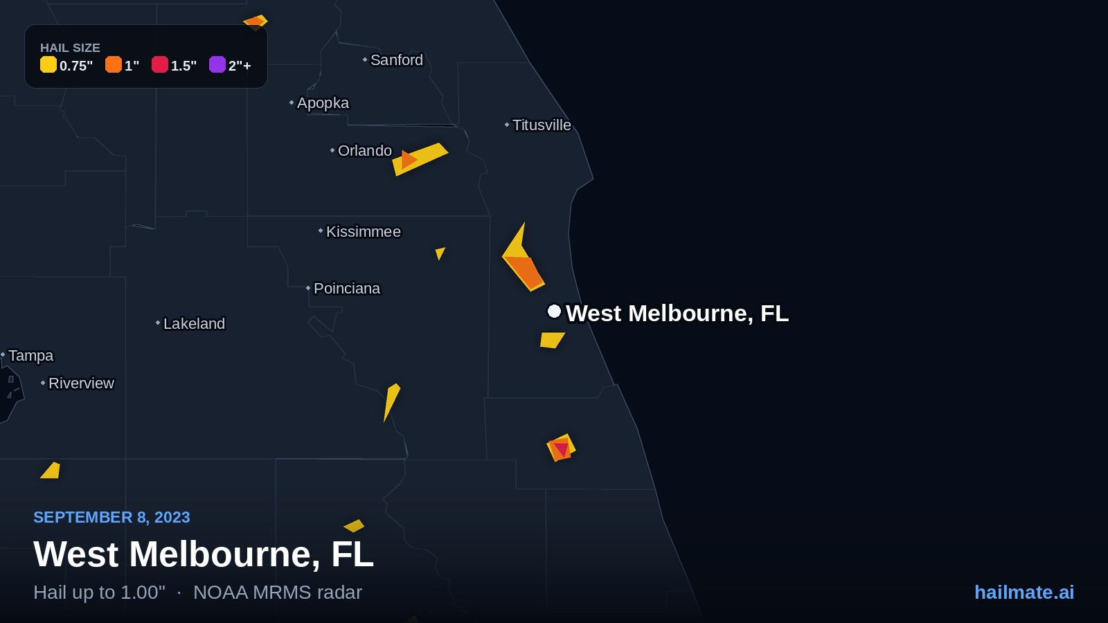 Hail swath map for West Melbourne, FL on September 8, 2023 showing 1.00 inch hail.