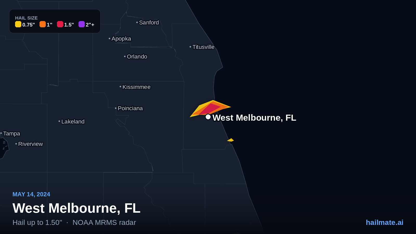 Hail swath map for West Melbourne, FL on May 14, 2024 showing 1.50 inch hail.