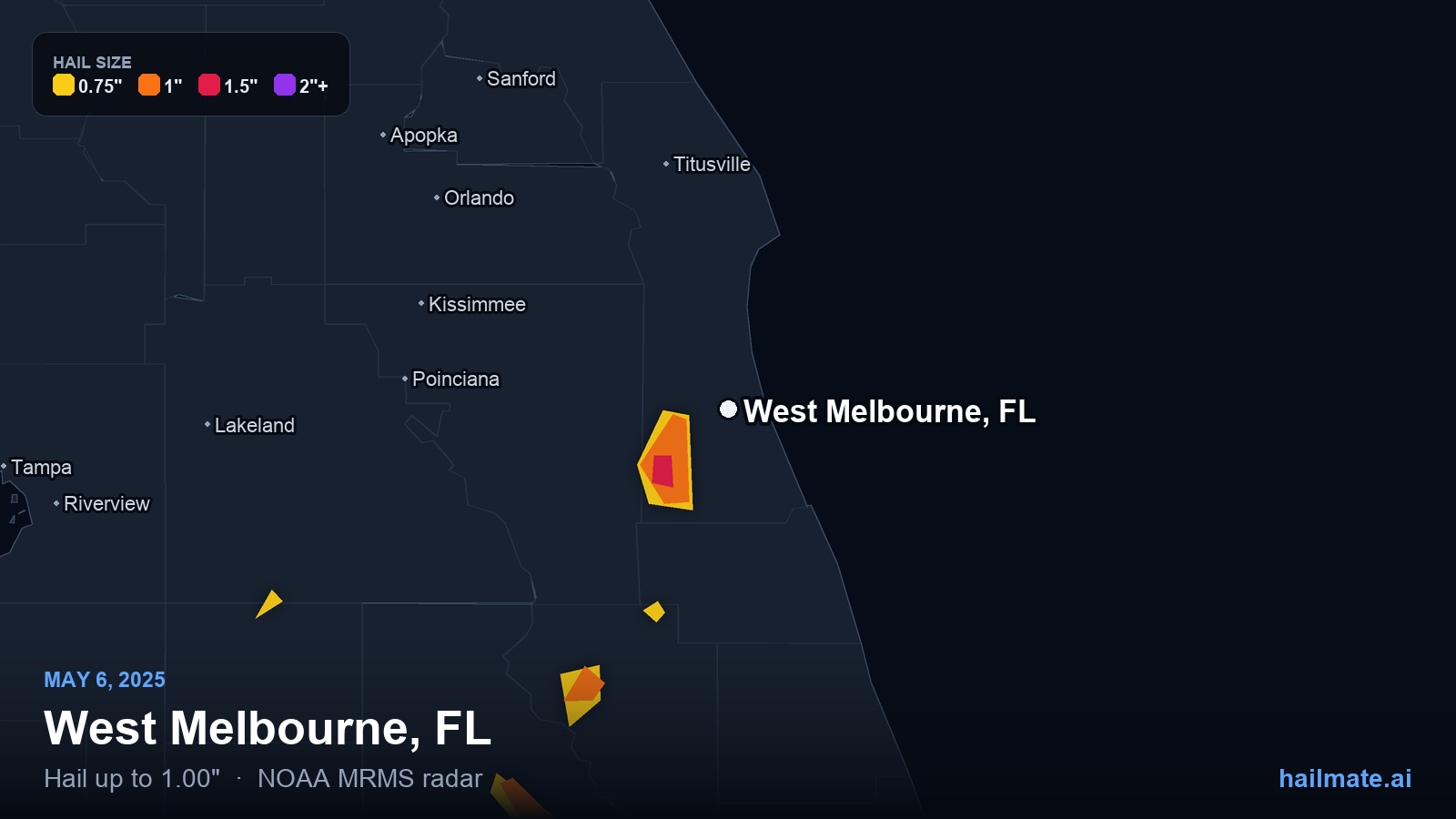 Hail swath map for West Melbourne, FL on May 6, 2025 showing 1.00 inch hail.