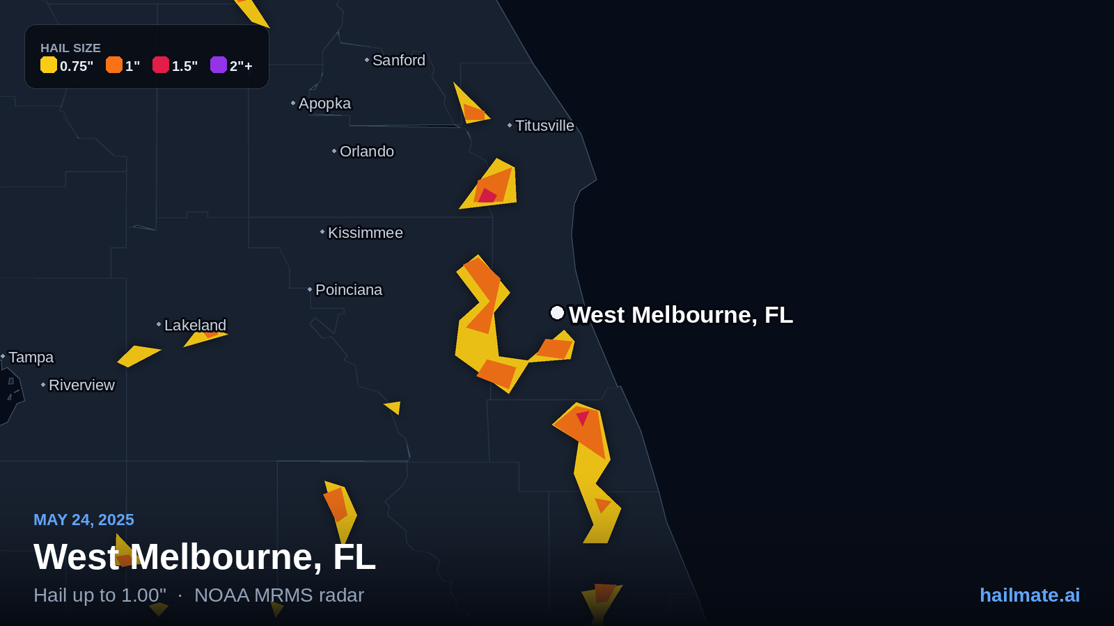 Hail swath map for West Melbourne, FL on May 24, 2025 showing 1.00 inch hail.