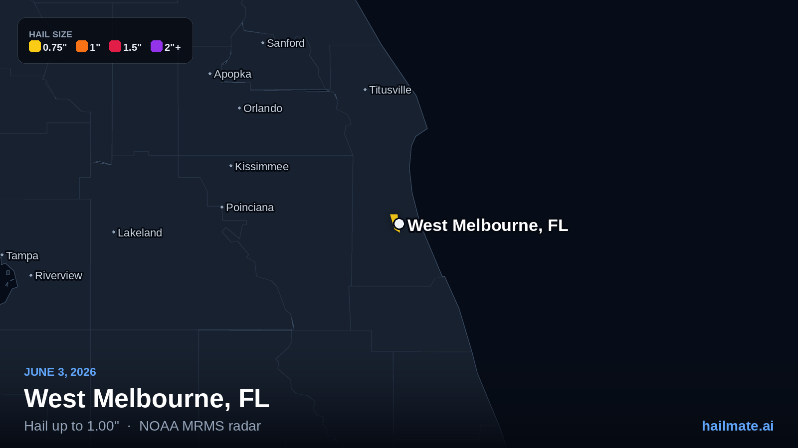 Hail swath map for West Melbourne, FL on June 3, 2026 showing 1.00 inch hail.