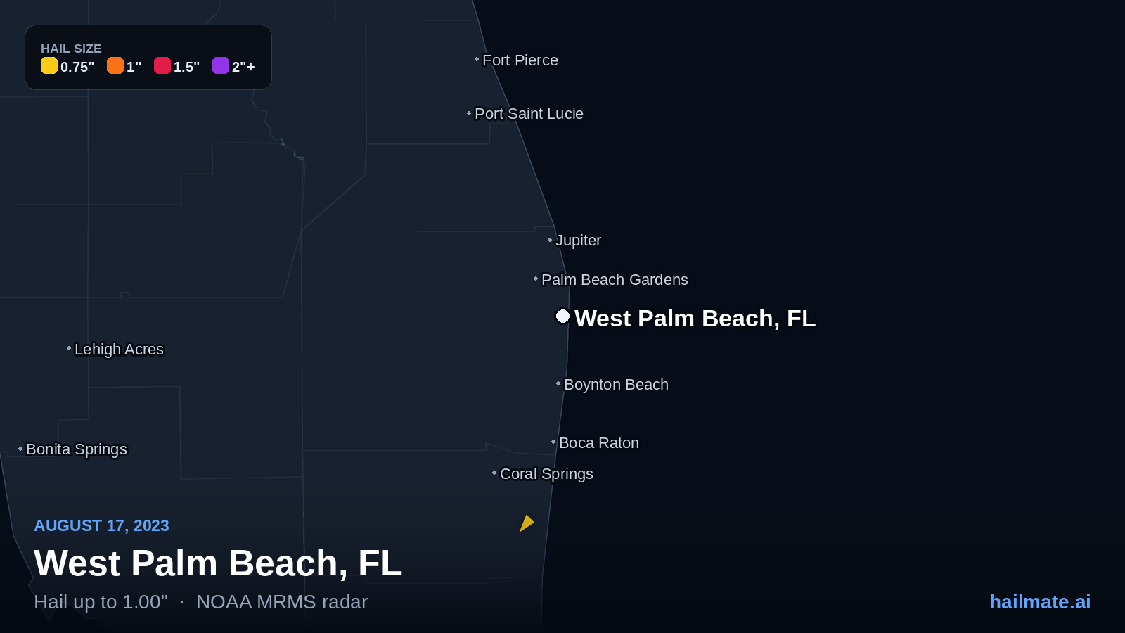 Hail swath map for West Palm Beach, FL on August 17, 2023 showing 1.00 inch hail.
