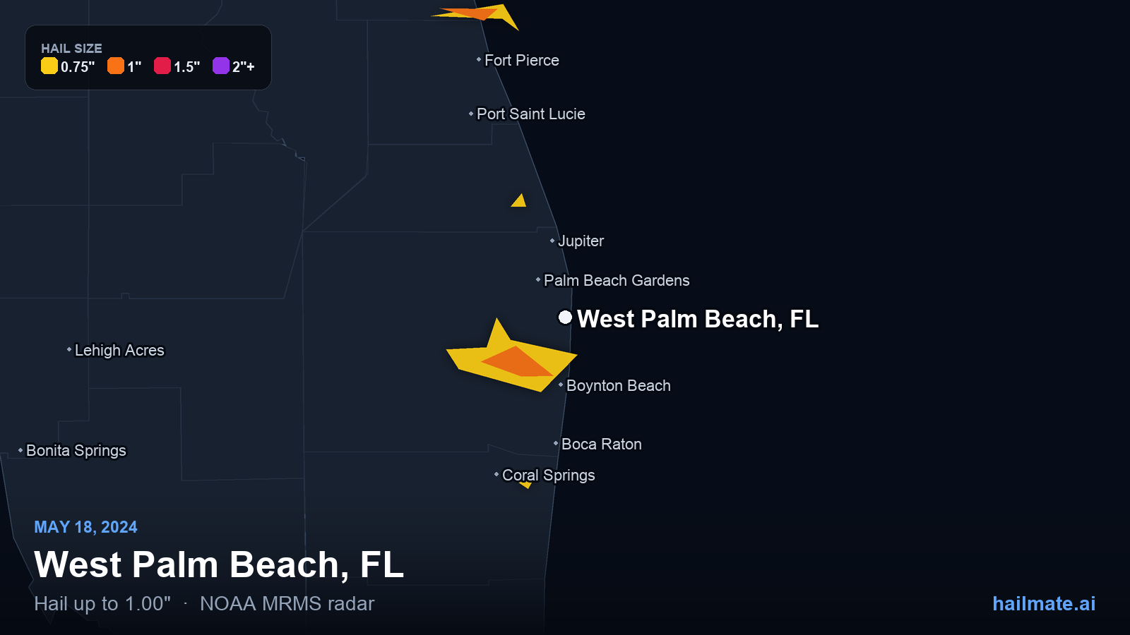 Hail swath map for West Palm Beach, FL on May 18, 2024 showing 1.00 inch hail.