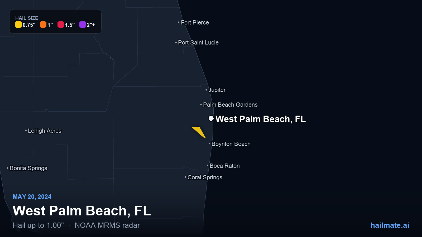 Hail swath map for West Palm Beach, FL on May 20, 2024 showing 1.00 inch hail.