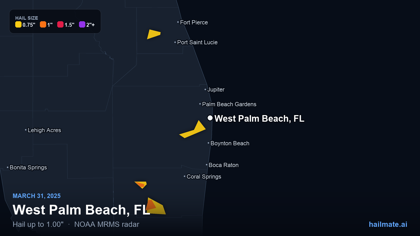 Hail swath map for West Palm Beach, FL on March 31, 2025 showing 1.00 inch hail.