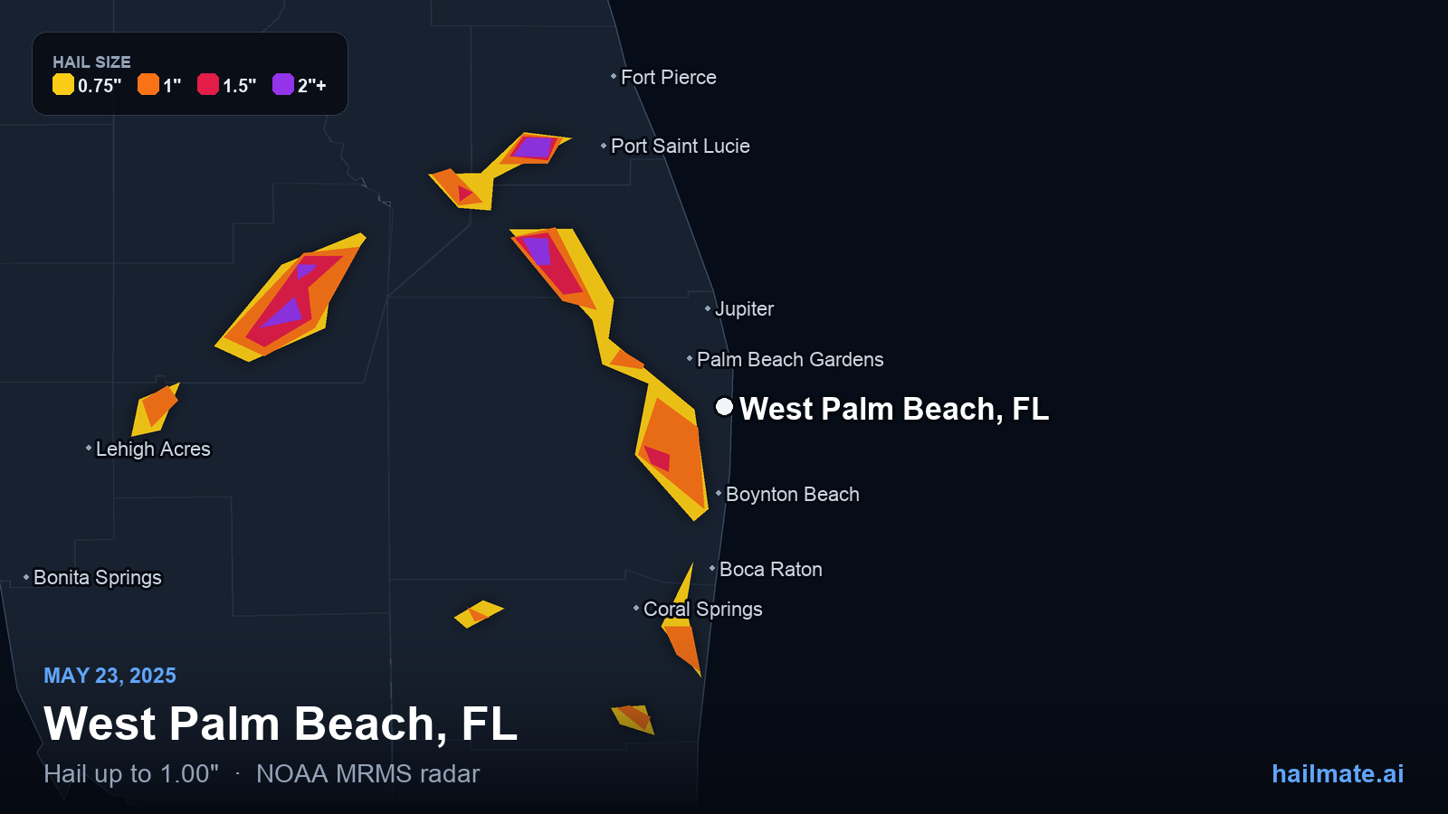 Hail swath map for West Palm Beach, FL on May 23, 2025 showing 1.00 inch hail.
