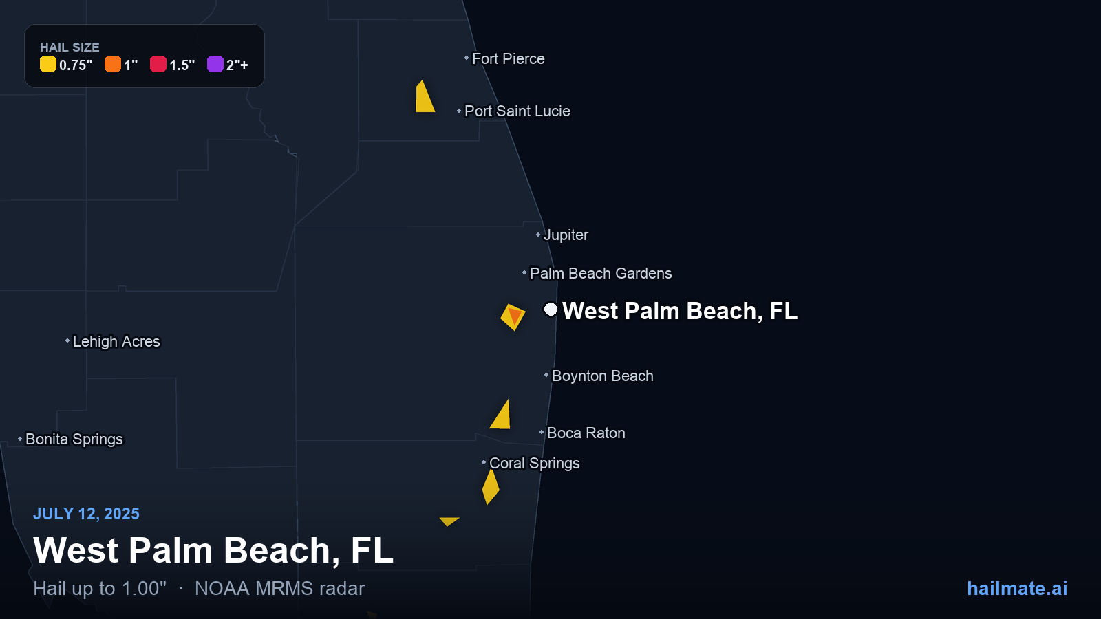 Hail swath map for West Palm Beach, FL on July 12, 2025 showing 1.00 inch hail.