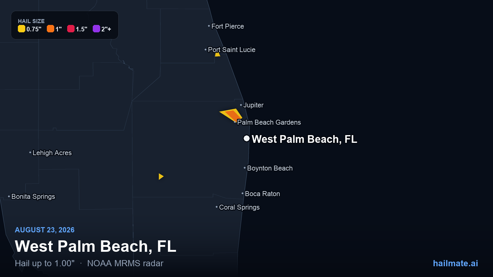 Hail swath map for West Palm Beach, FL on August 23, 2026 showing 1.00 inch hail.