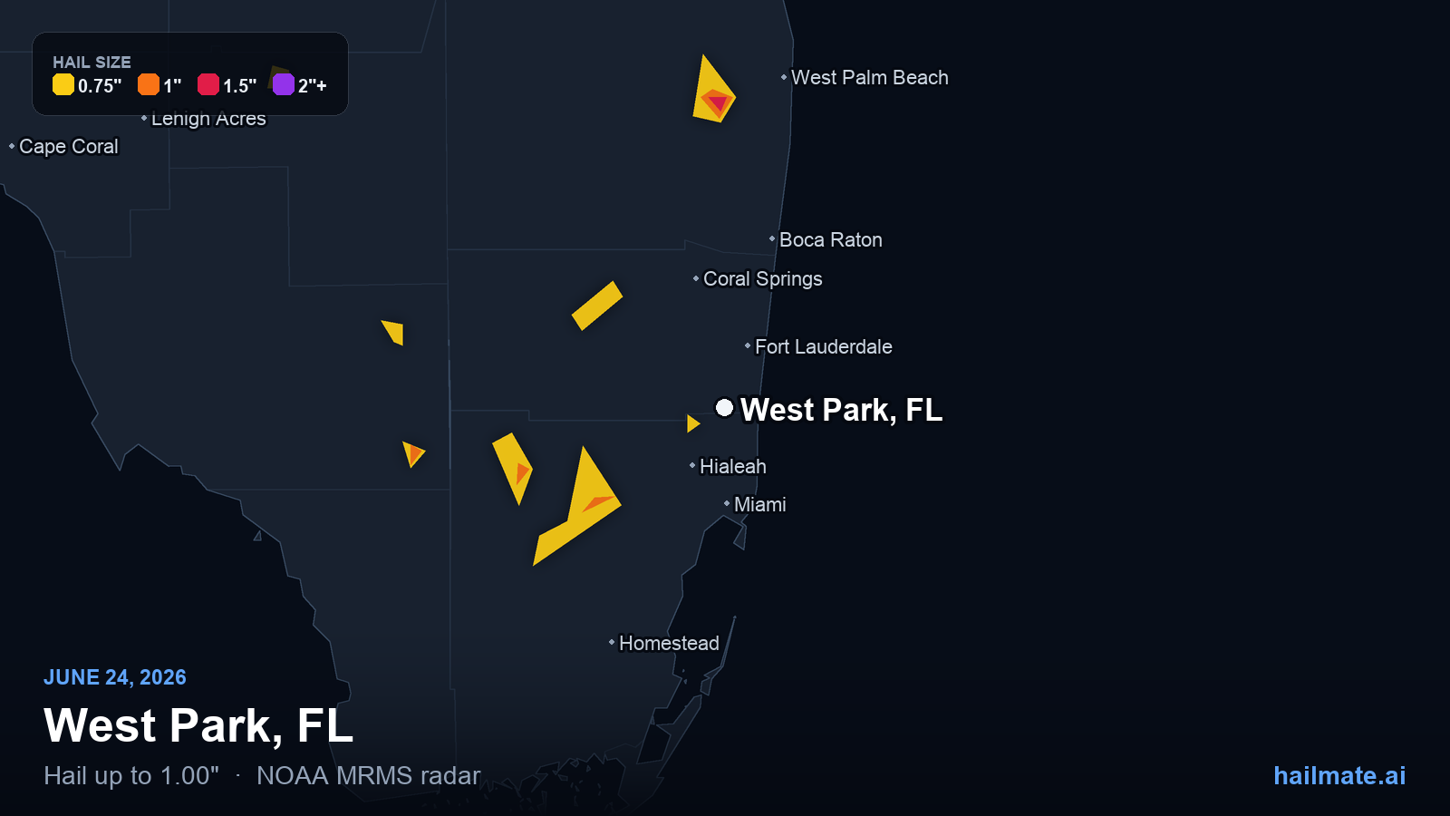 Hail swath map for West Park, FL on June 24, 2026 showing 1.00 inch hail.