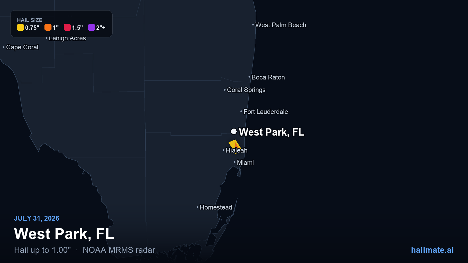 Hail swath map for West Park, FL on July 31, 2026 showing 1.00 inch hail.