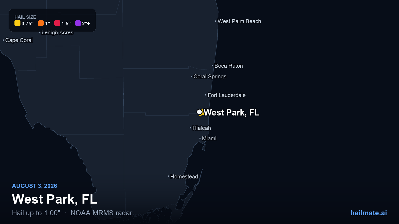 Hail swath map for West Park, FL on August 3, 2026 showing 1.00 inch hail.