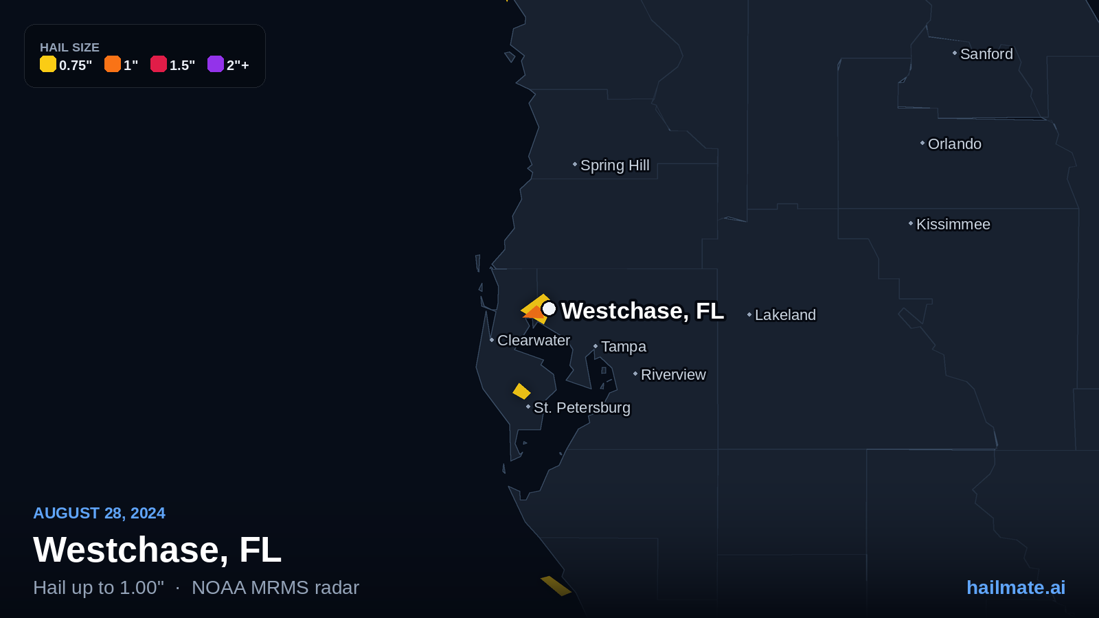 Hail swath map for Westchase, FL on August 28, 2024 showing 1.00 inch hail.