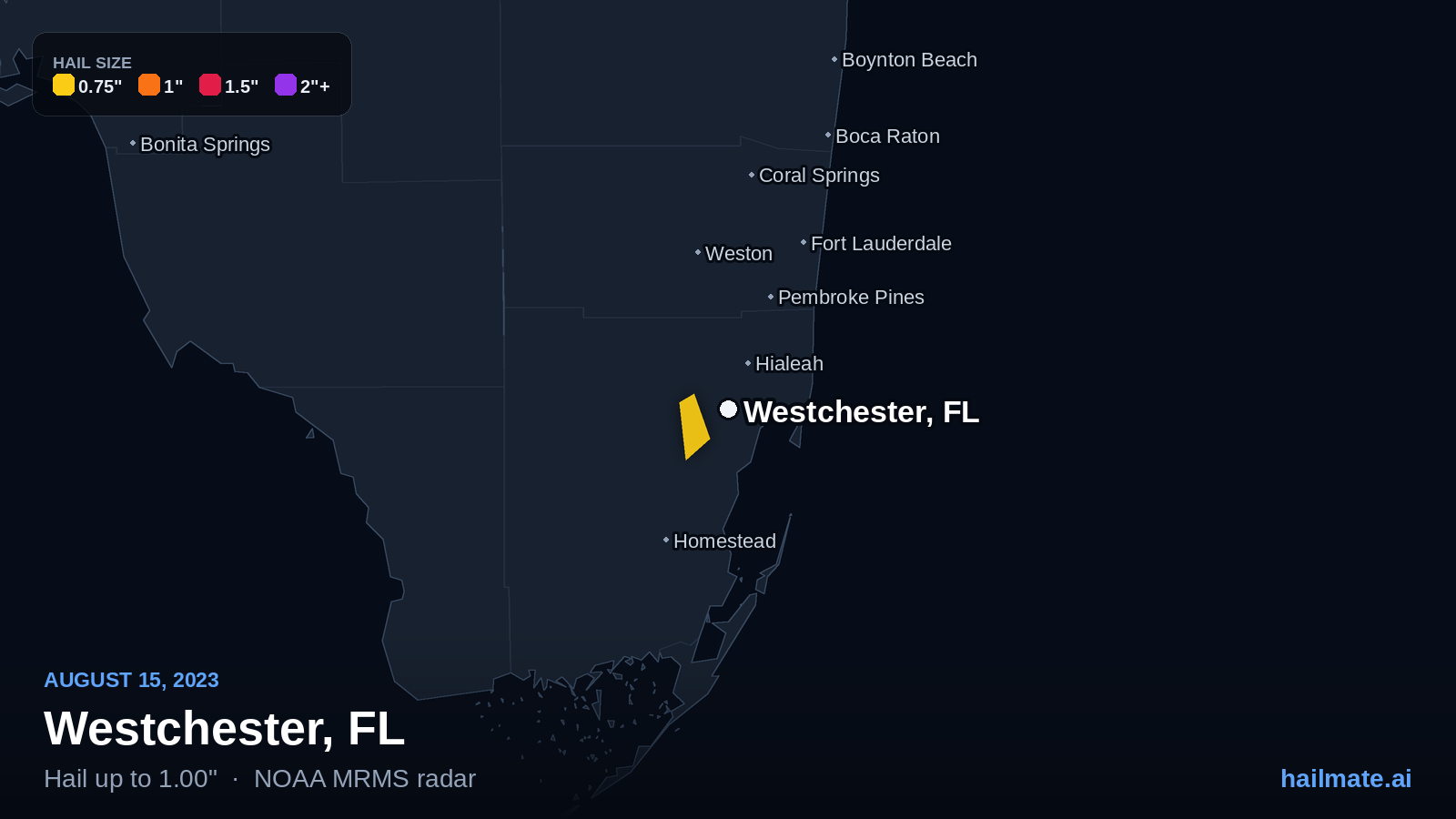 Hail swath map for Westchester, FL on August 15, 2023 showing 1.00 inch hail.