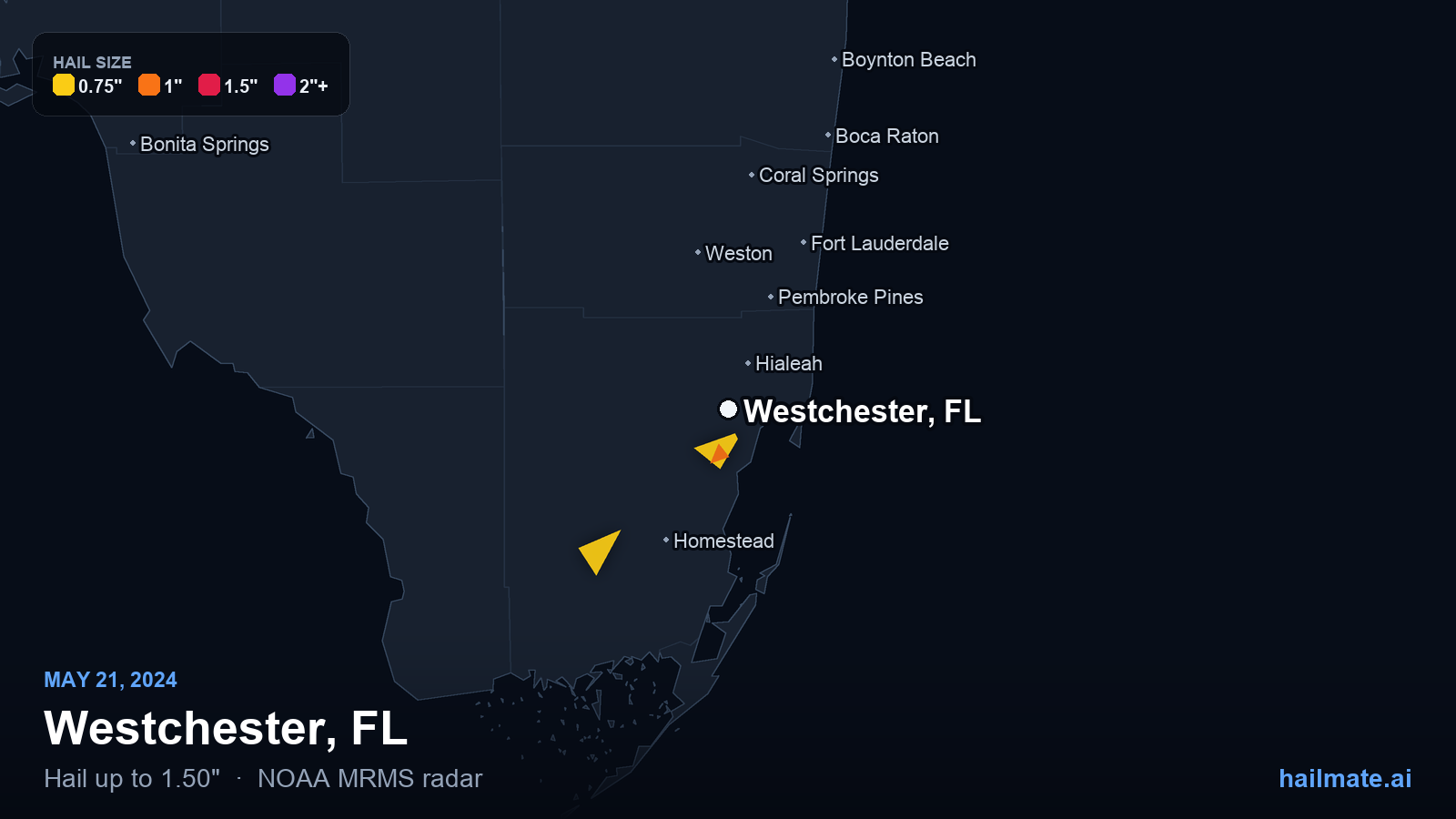 Hail swath map for Westchester, FL on May 21, 2024 showing 1.50 inch hail.