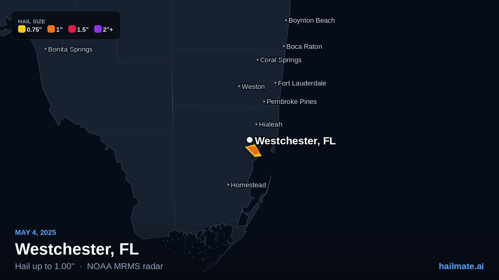 Hail swath map for Westchester, FL on May 4, 2025 showing 1.00 inch hail.