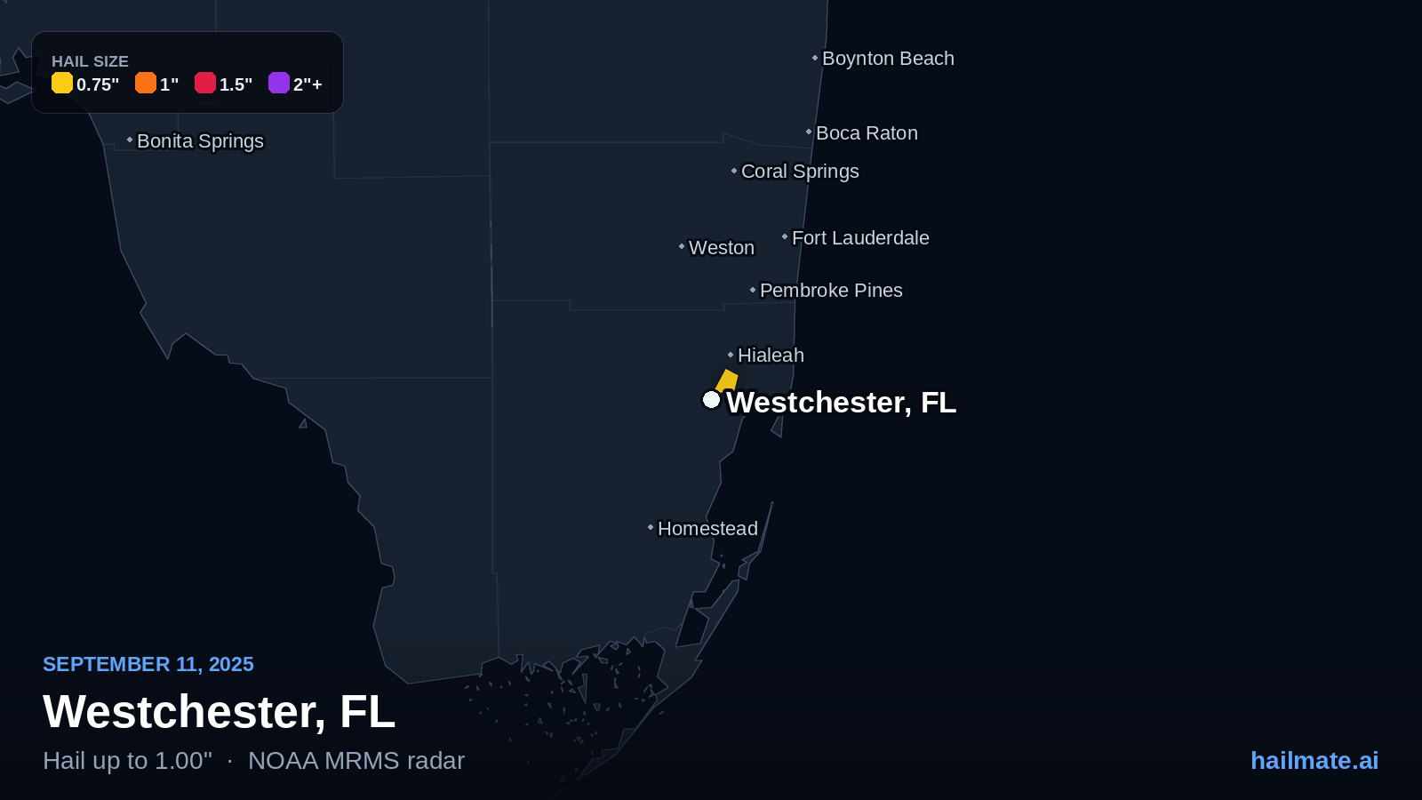 Hail swath map for Westchester, FL on September 11, 2025 showing 1.00 inch hail.