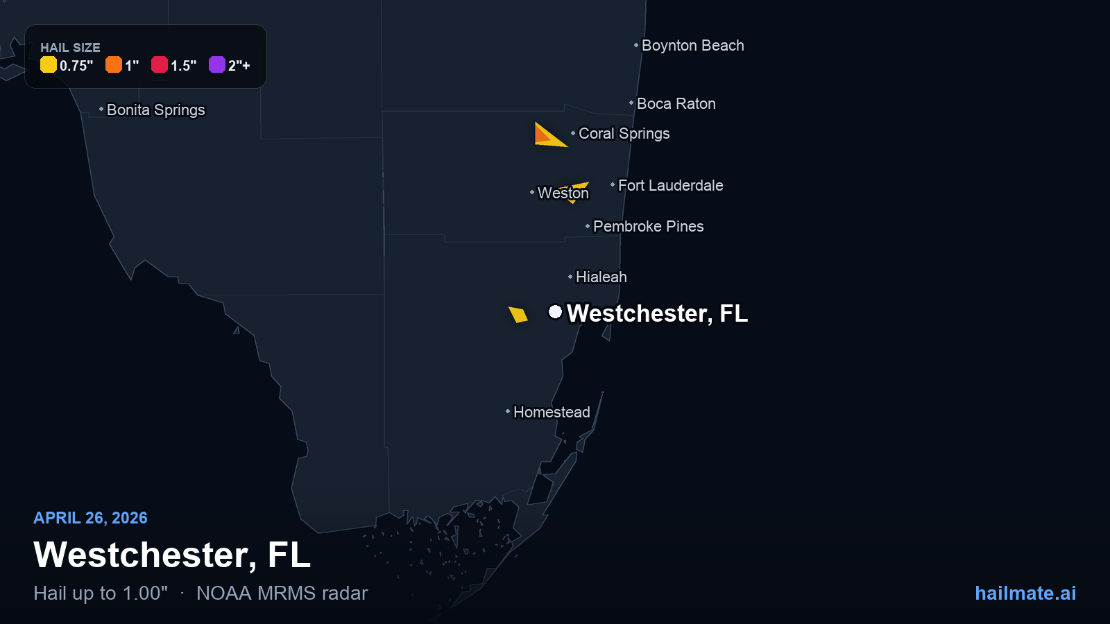 Hail swath map for Westchester, FL on April 26, 2026 showing 1.00 inch hail.