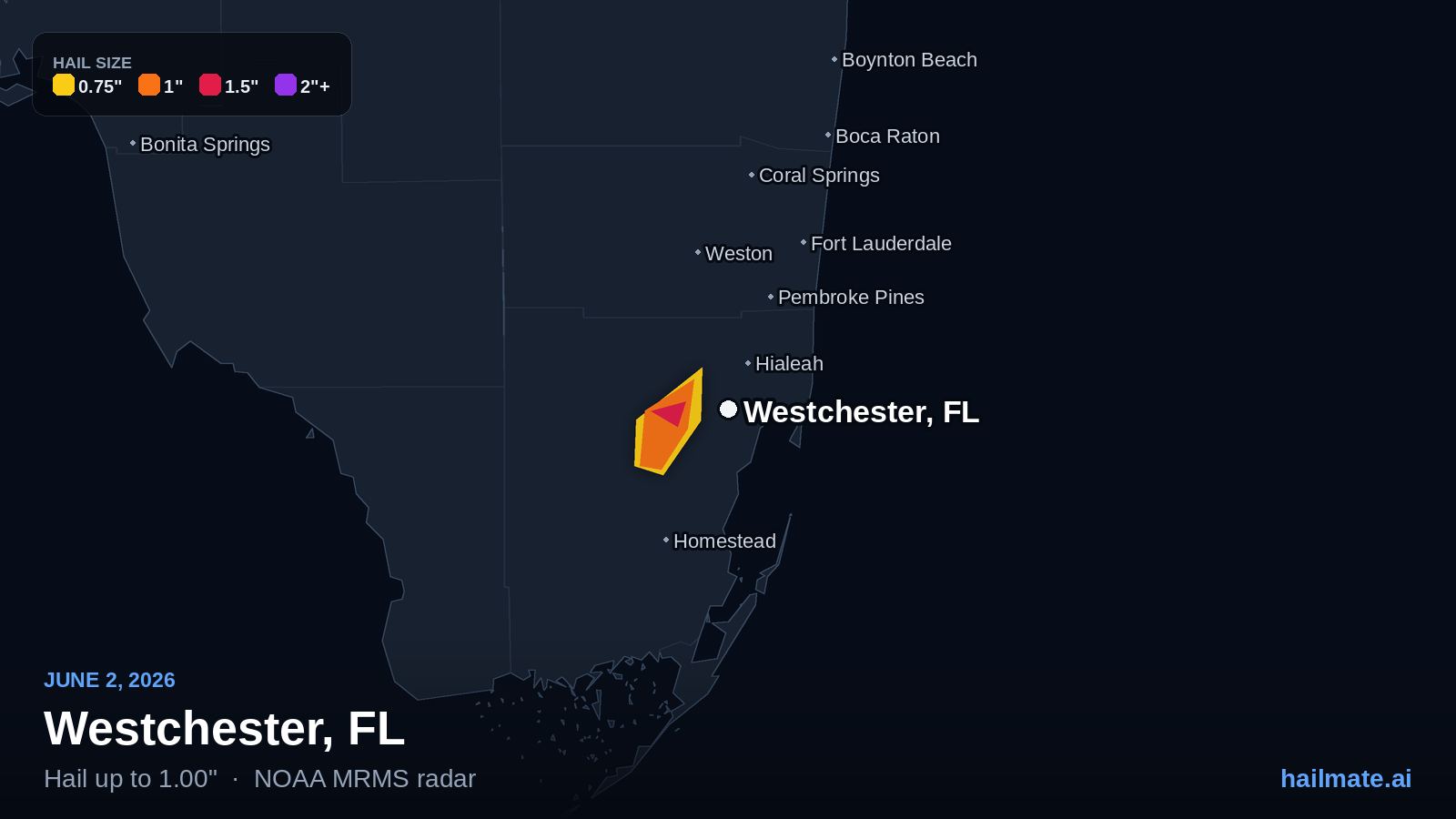 Hail swath map for Westchester, FL on June 2, 2026 showing 1.00 inch hail.