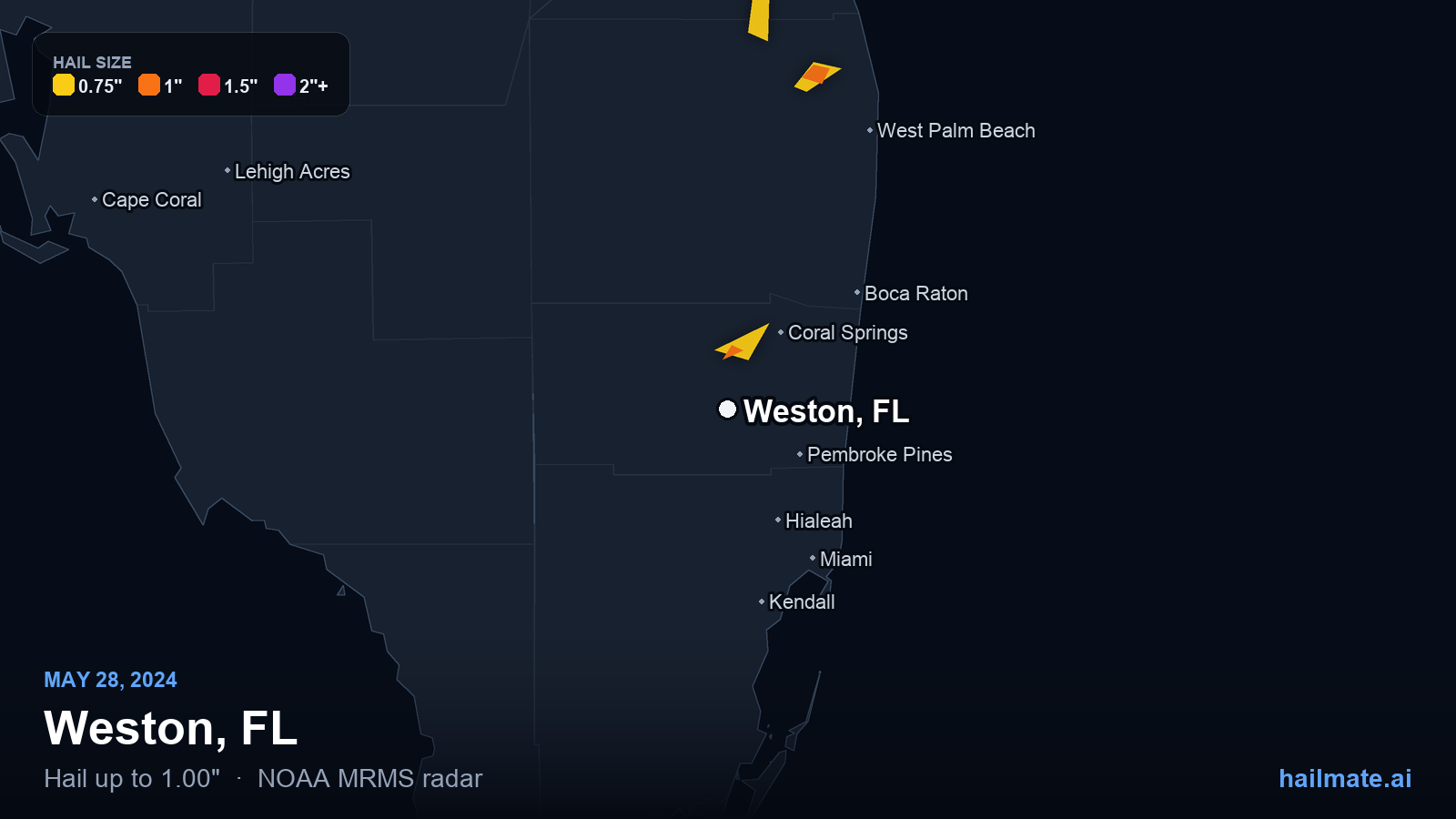 Hail swath map for Weston, FL on May 28, 2024 showing 1.00 inch hail.