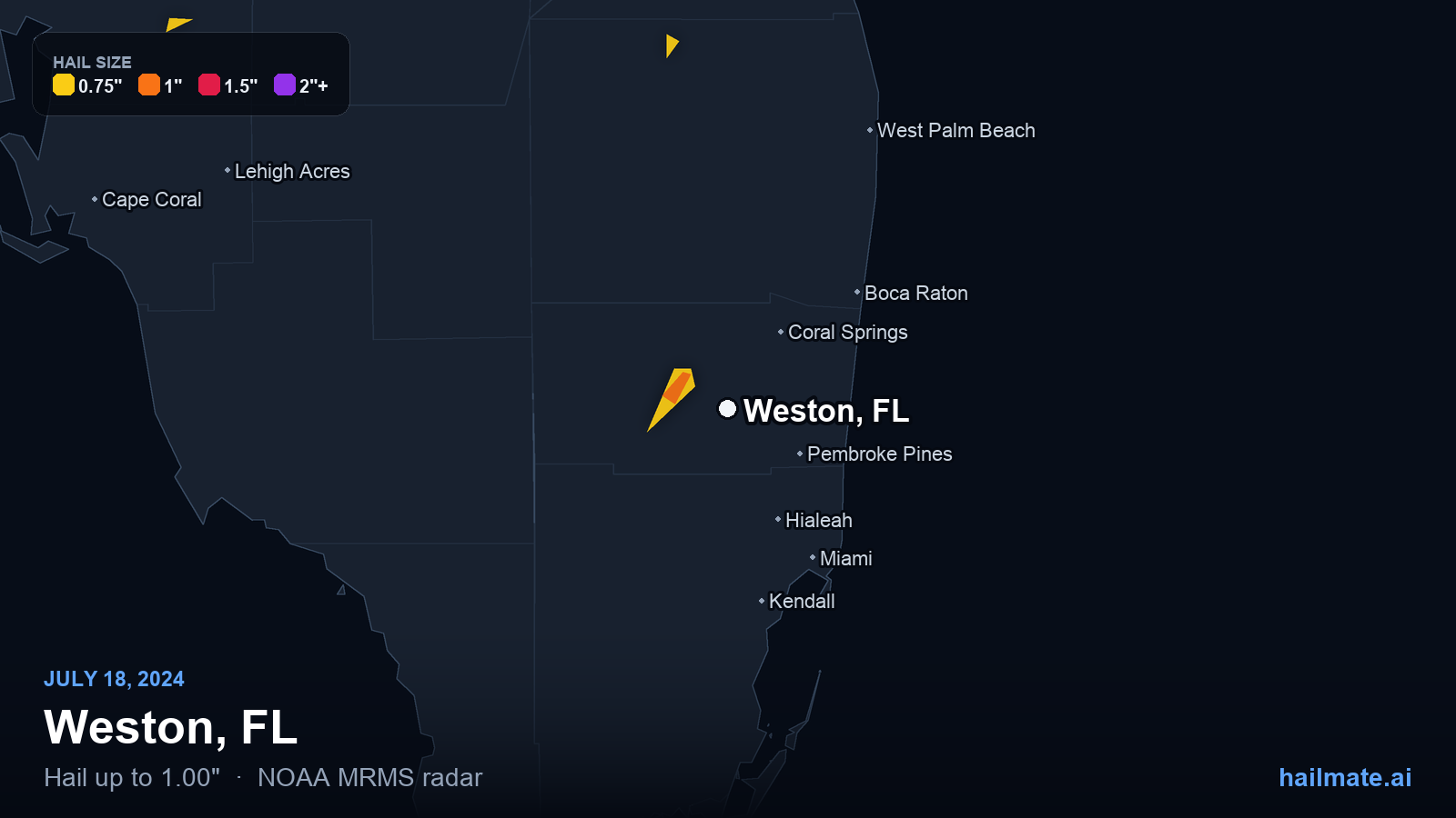 Hail swath map for Weston, FL on July 18, 2024 showing 1.00 inch hail.