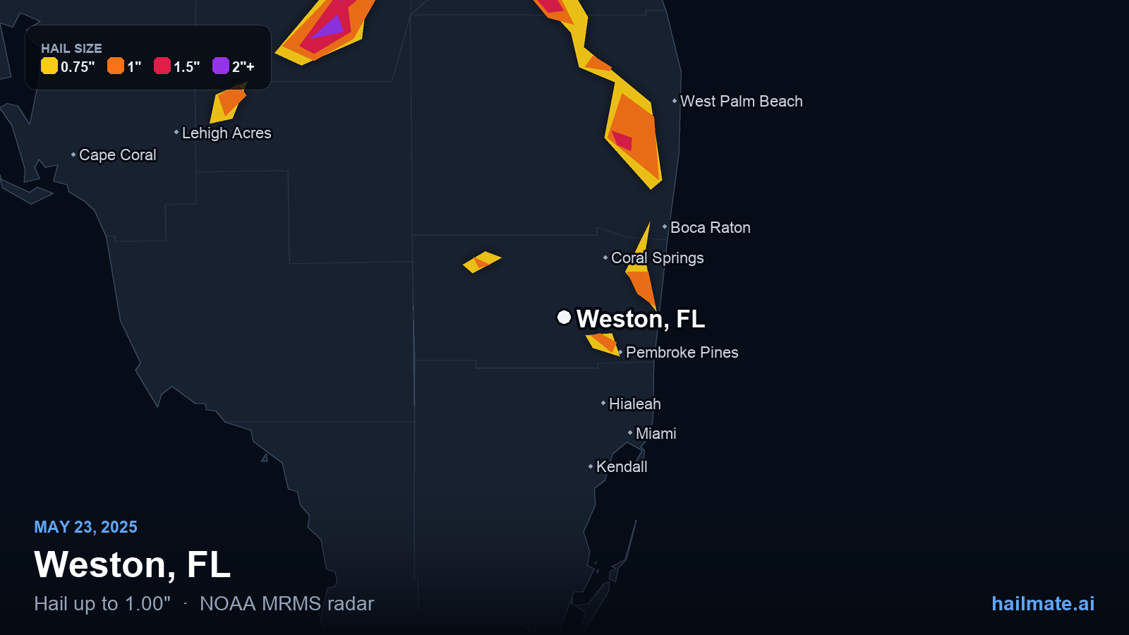 Hail swath map for Weston, FL on May 23, 2025 showing 1.00 inch hail.