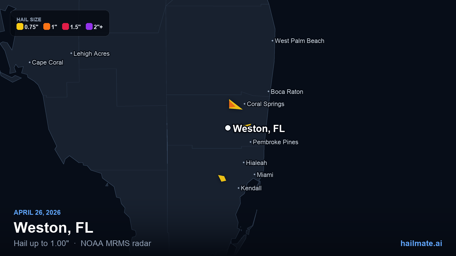 Hail swath map for Weston, FL on April 26, 2026 showing 1.00 inch hail.