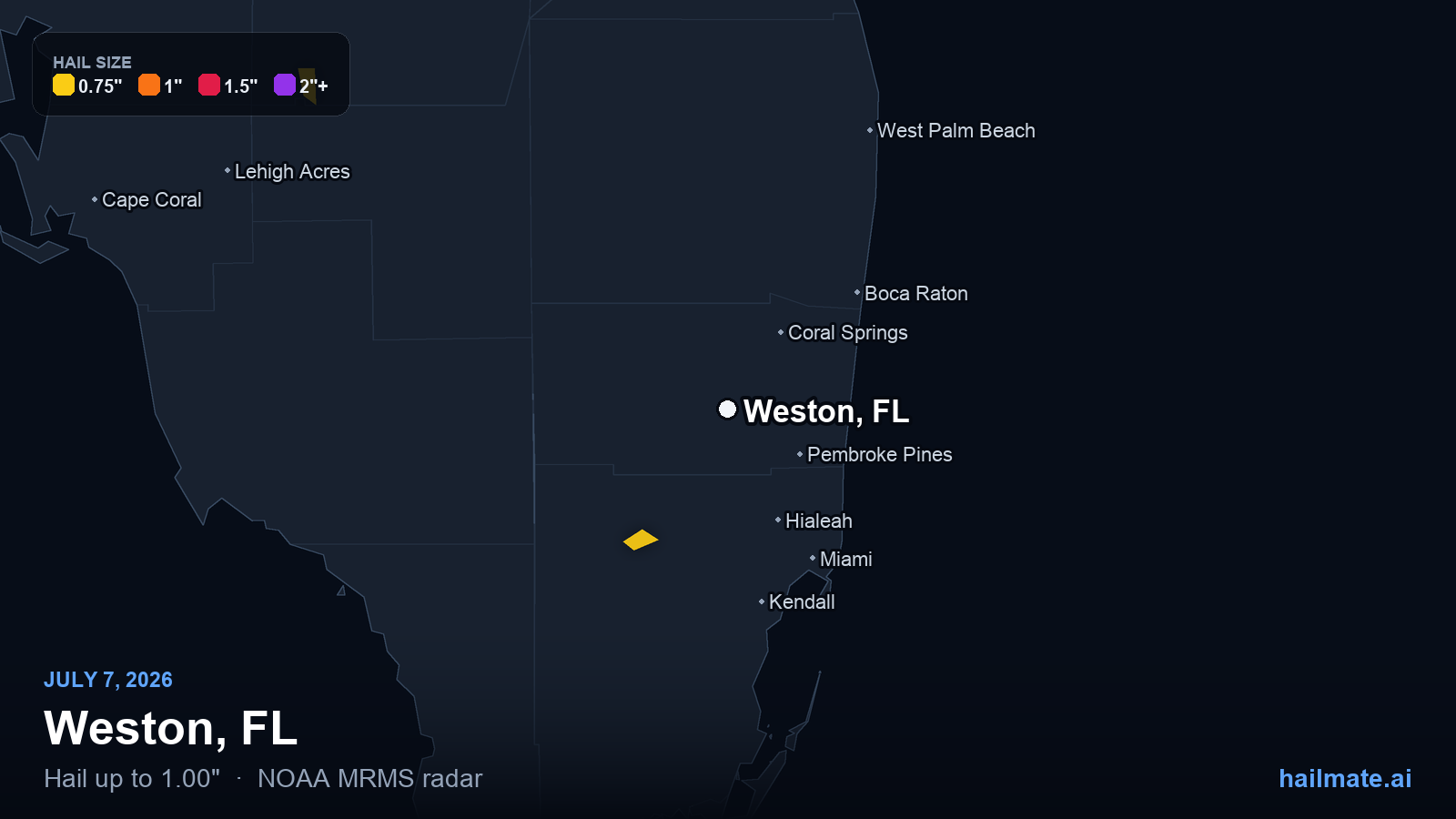 Hail swath map for Weston, FL on July 7, 2026 showing 1.00 inch hail.