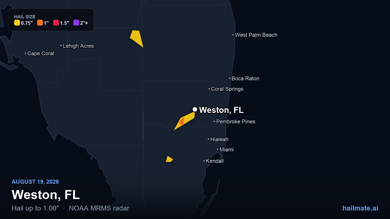 Hail swath map for Weston, FL on August 19, 2026 showing 1.00 inch hail.