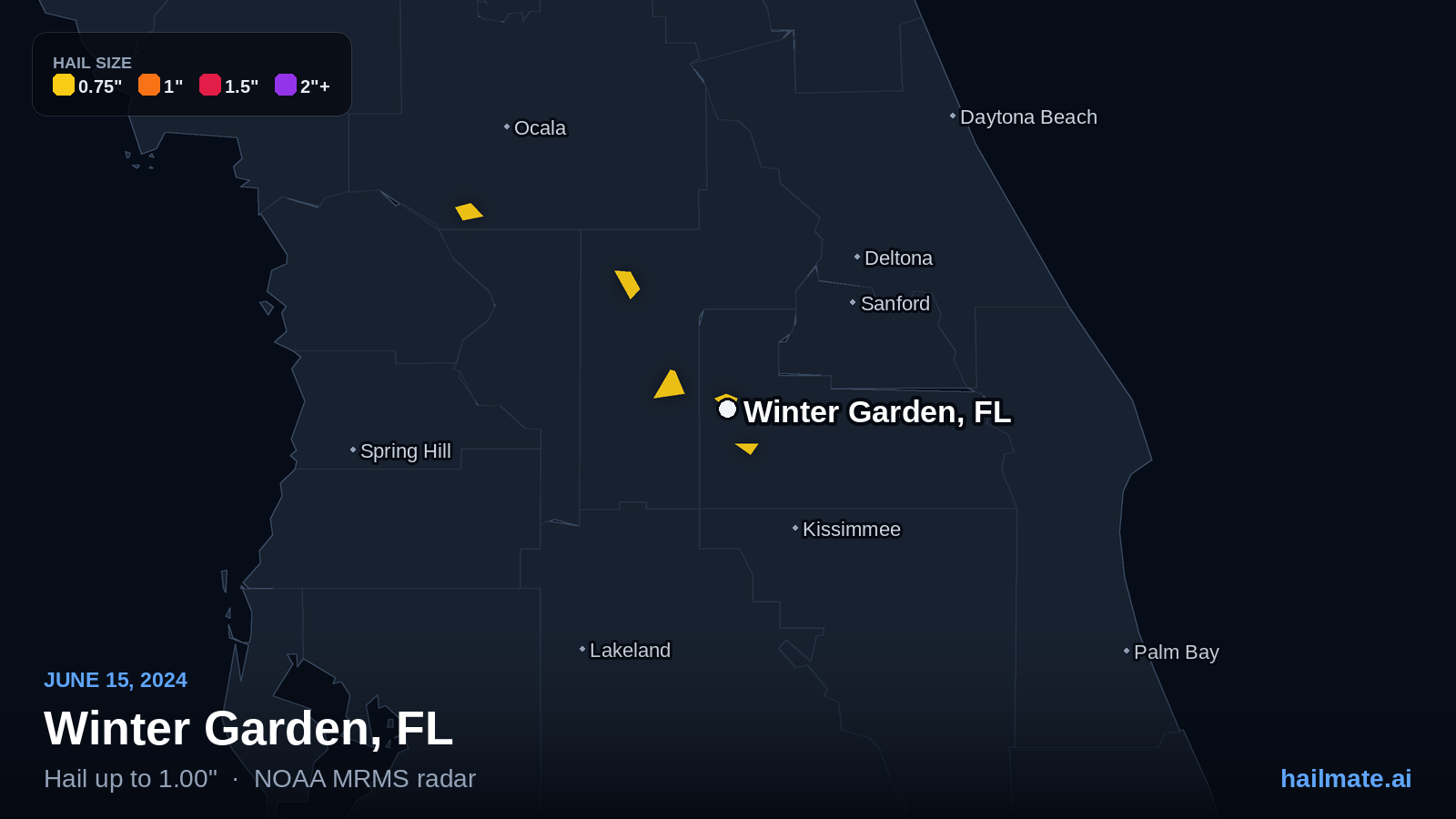 Hail swath map for Winter Garden, FL on June 15, 2024 showing 1.00 inch hail.