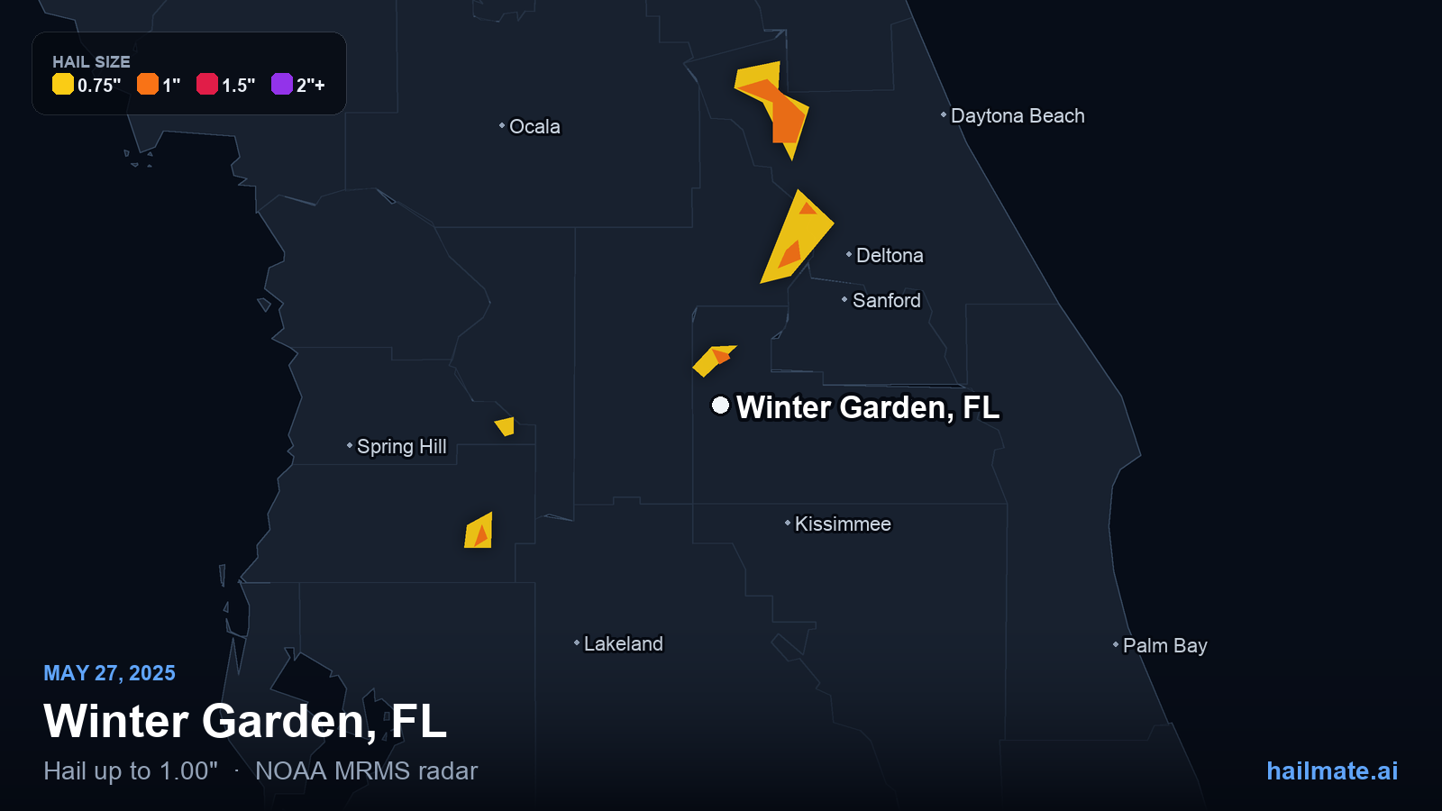 Hail swath map for Winter Garden, FL on May 27, 2025 showing 1.00 inch hail.