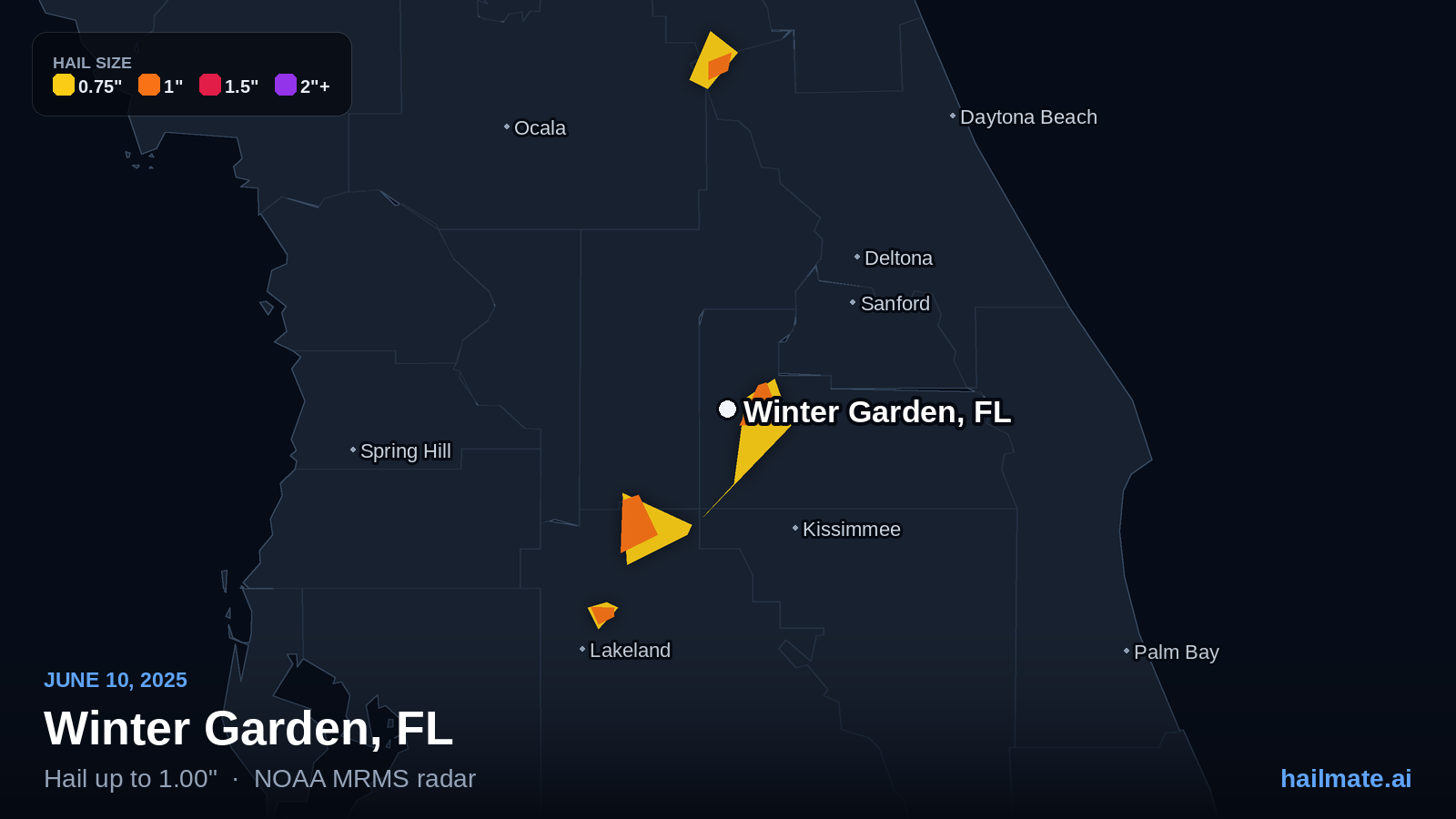 Hail swath map for Winter Garden, FL on June 10, 2025 showing 1.00 inch hail.