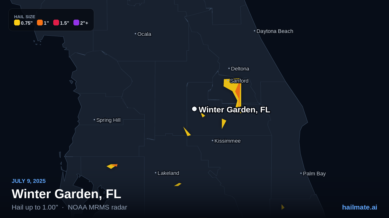 Hail swath map for Winter Garden, FL on July 9, 2025 showing 1.00 inch hail.