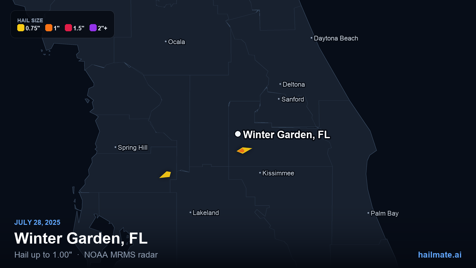 Hail swath map for Winter Garden, FL on July 28, 2025 showing 1.00 inch hail.