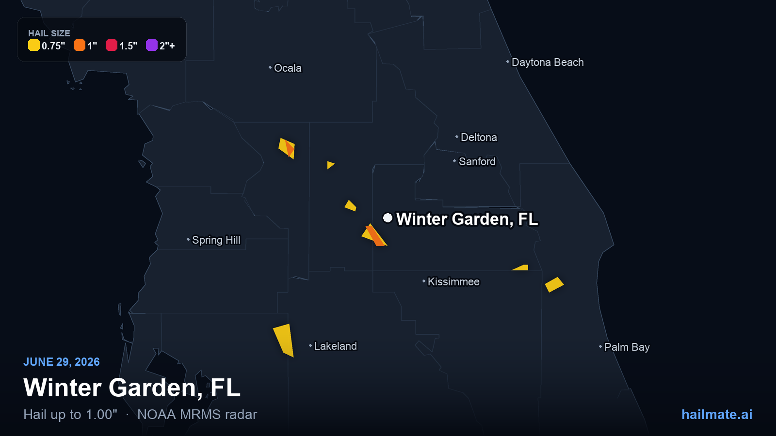 Hail swath map for Winter Garden, FL on June 29, 2026 showing 1.00 inch hail.