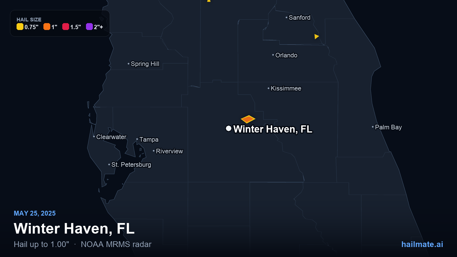 Hail swath map for Winter Haven, FL on May 25, 2025 showing 1.00 inch hail.