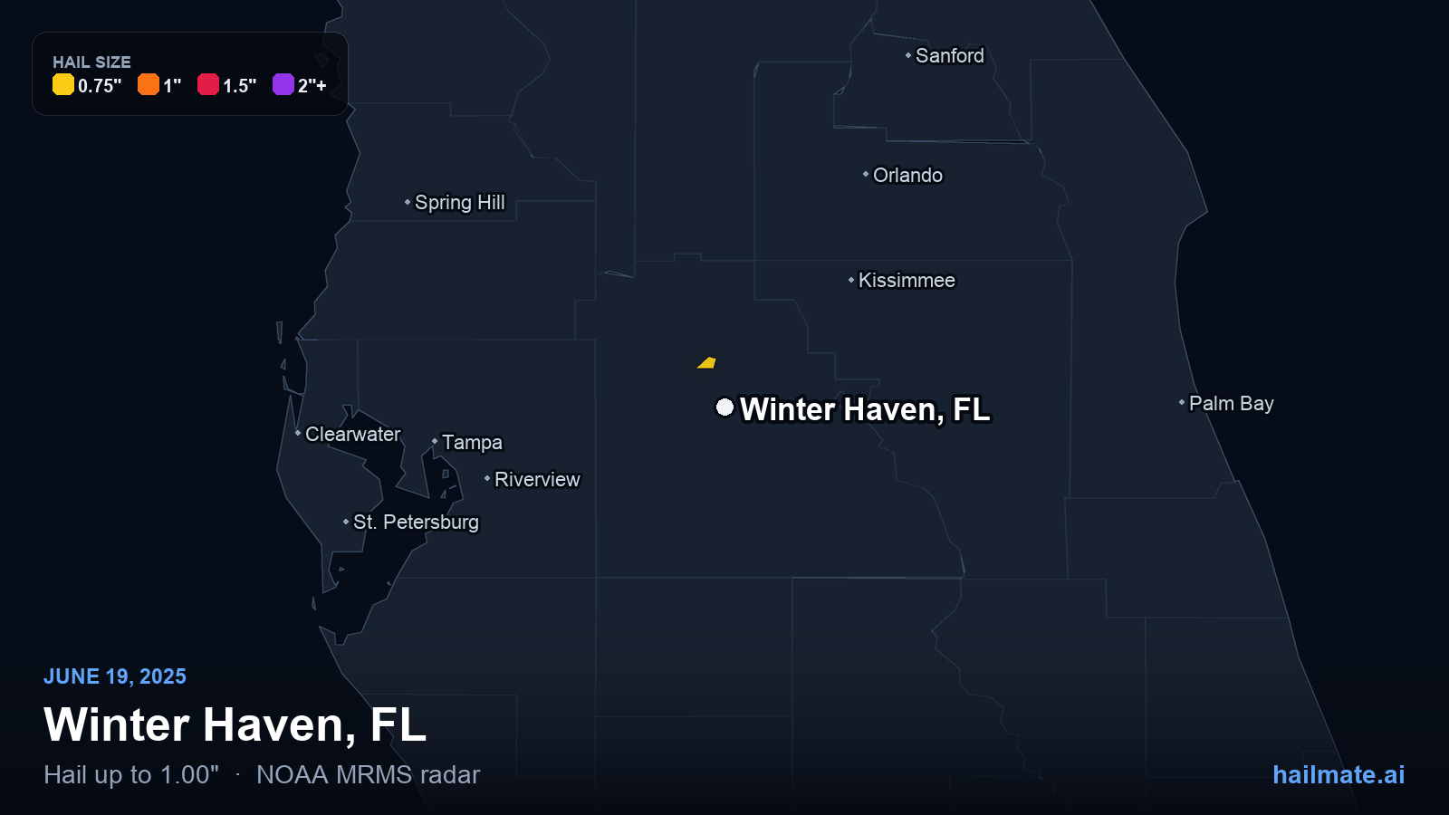 Hail swath map for Winter Haven, FL on June 19, 2025 showing 1.00 inch hail.