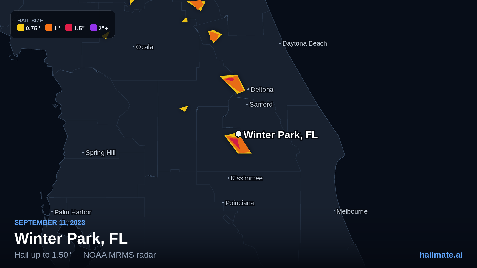 Hail swath map for Winter Park, FL on September 11, 2023 showing 1.50 inch hail.