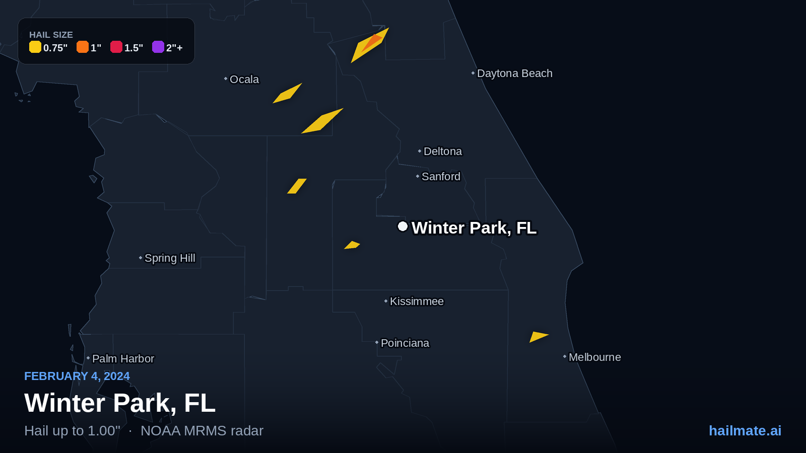 Hail swath map for Winter Park, FL on February 4, 2024 showing 1.00 inch hail.