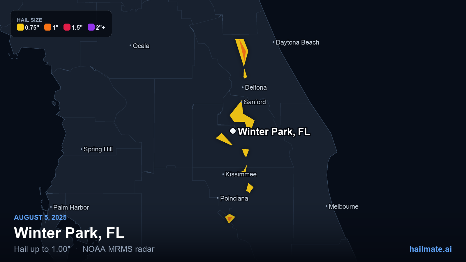 Hail swath map for Winter Park, FL on August 5, 2025 showing 1.00 inch hail.