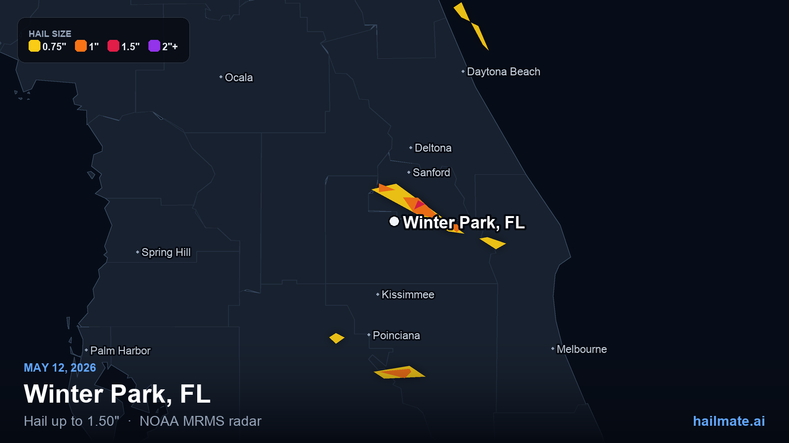 Hail swath map for Winter Park, FL on May 12, 2026 showing 1.50 inch hail.